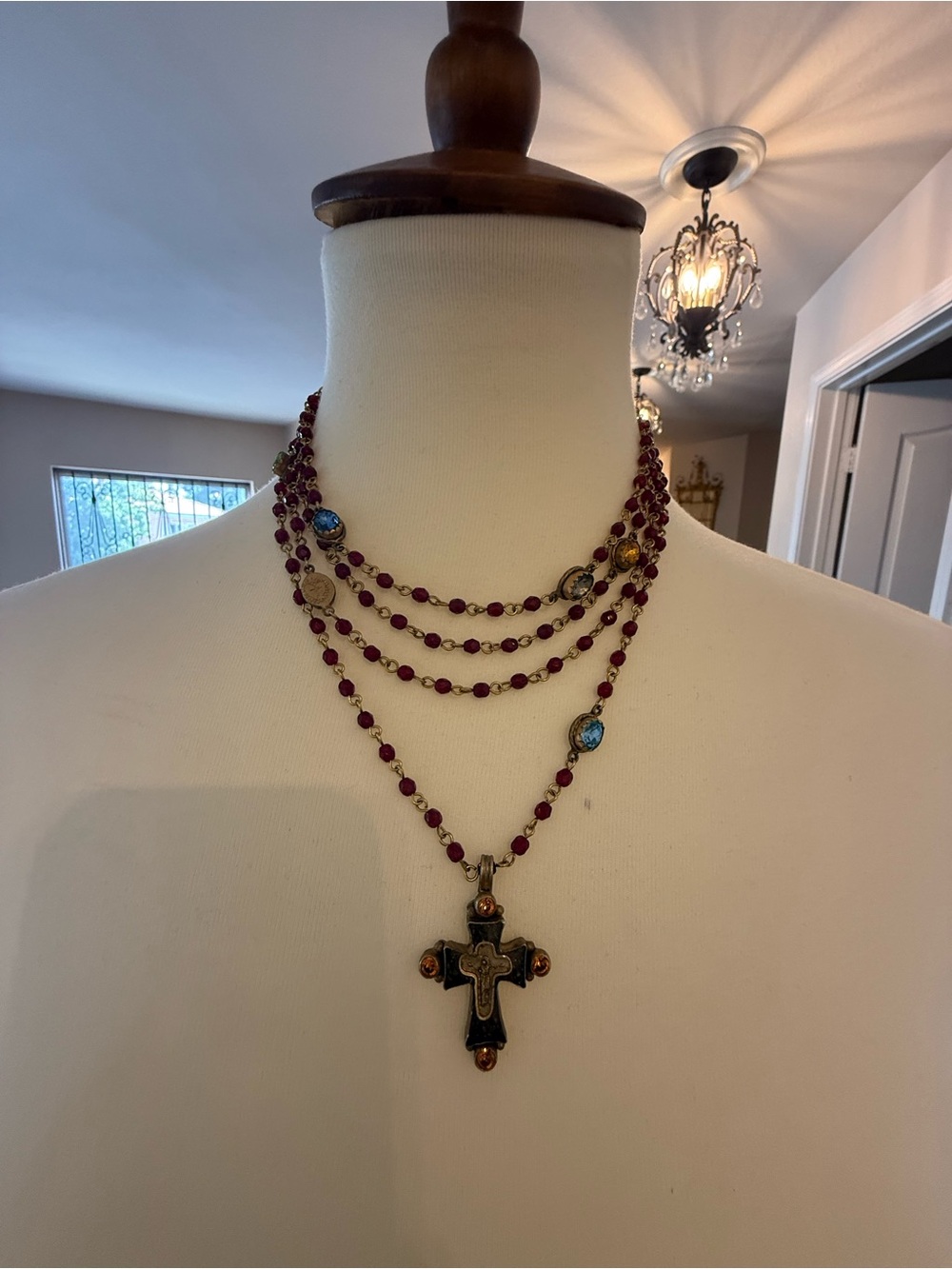 Multi-Strand Ruby Bead Necklace with Ornate Cross Pendant